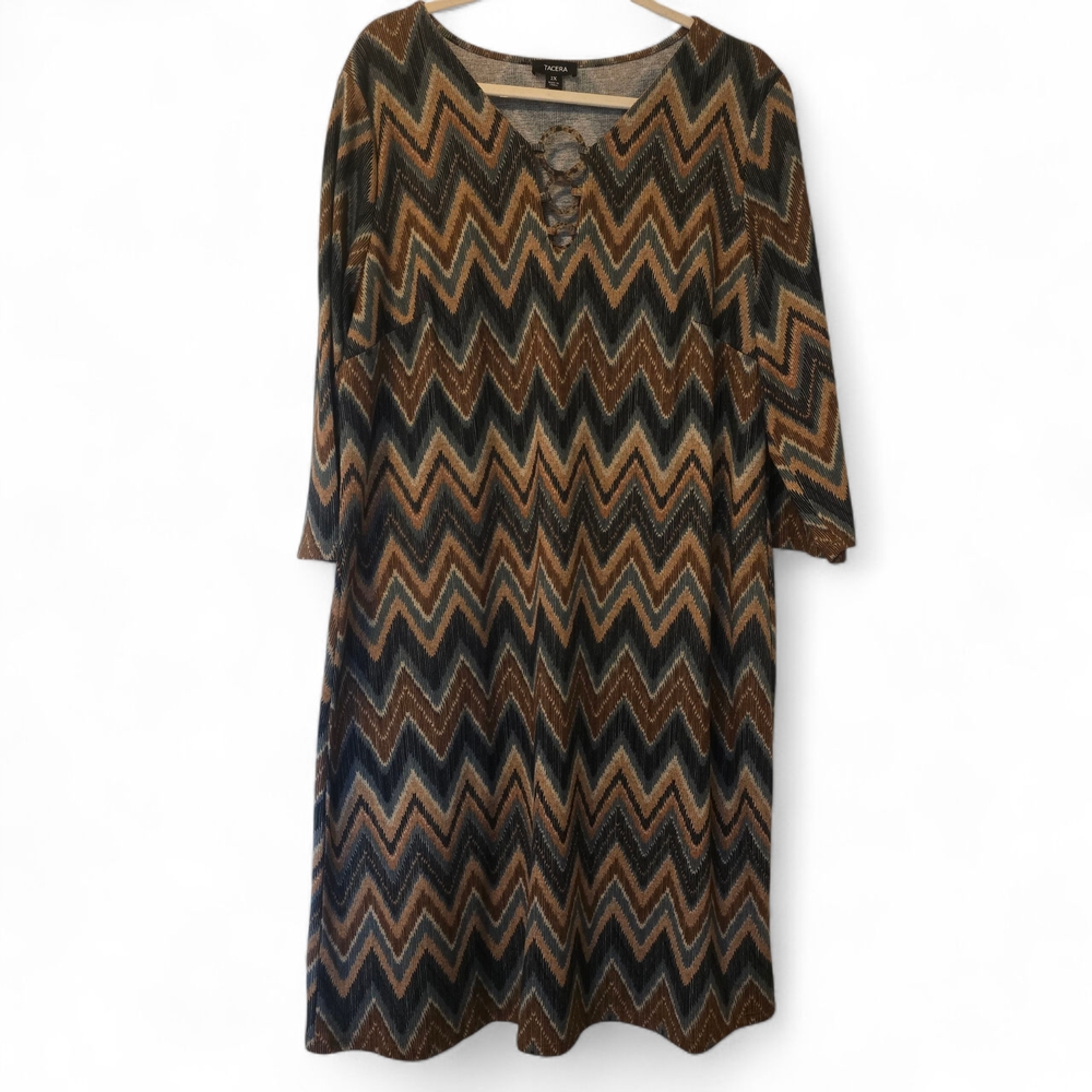 Tacera 3/4 Sleeve Zigzag Boho Shift Dress Brown Grey Plus Size 2X Fall Earthy